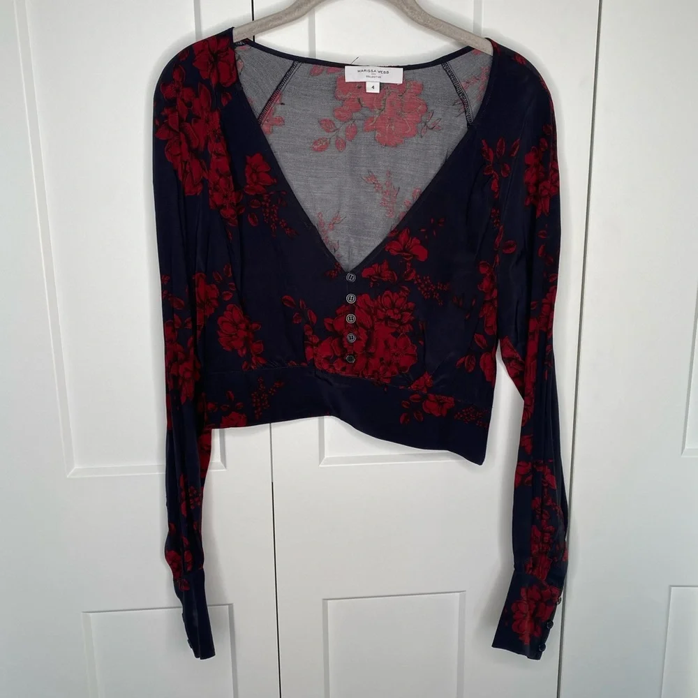 FINAL SALE Marissa Webb Floral Deep V Neck Long Sleeve Button Crop Blouse Size 4 - Picture 1 of 7